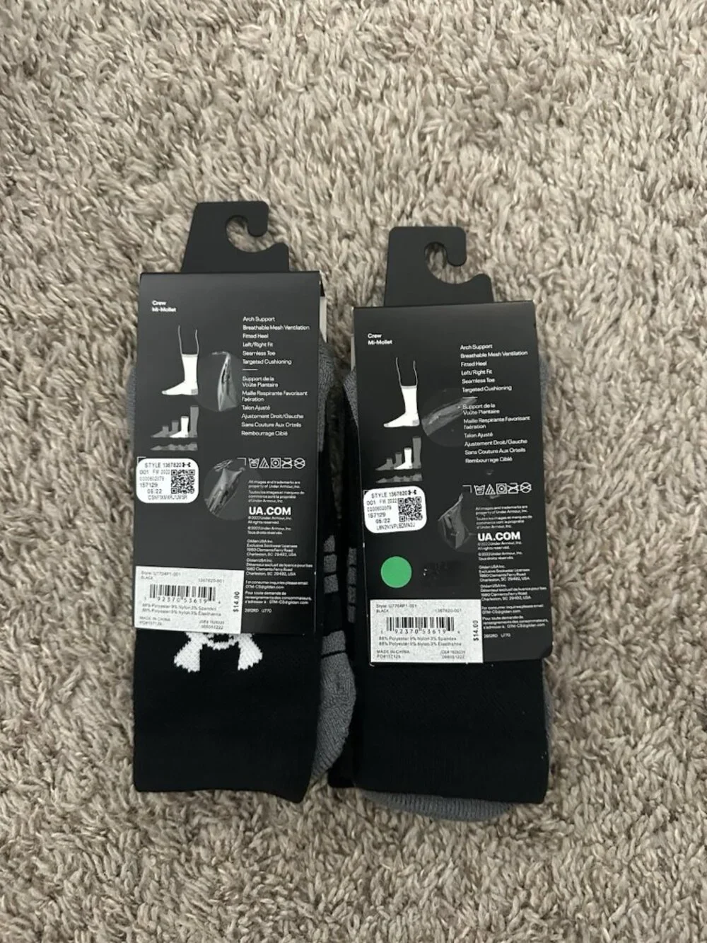 Under Armour Socks Black Crew Polyester Mid Cushion Unisex Men’s 7.5-8/Wms 6-10